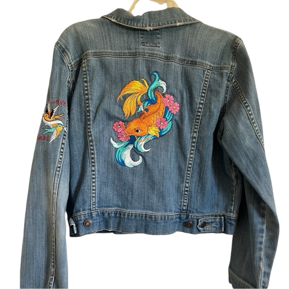 Old navy jacket jean denim jacket koi fish XL heart tattoo Custom embroidered